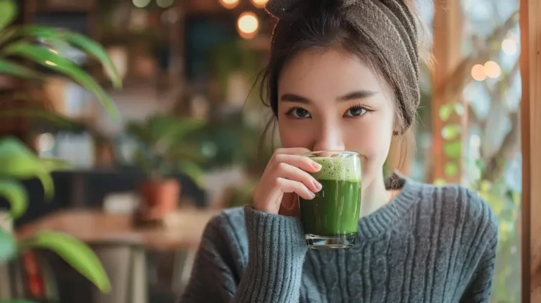 Matcha tea in a ceramic cup surrounded by green tea powder, symbolizing its health benefits, natural energy, and calming properties.